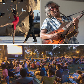 Performer Collage Man and a woman doing modern dance, Guitar player, and crowd sitting on a lawn waitchinga huge screen