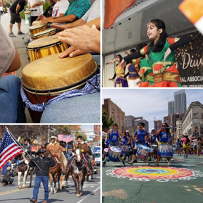 Collage of several images. drum playing, people marching on horseback, drummers marching, children dancing in ethnic garb