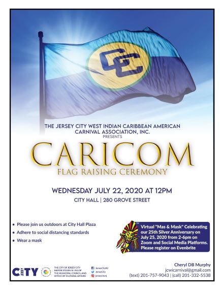 CARICOM flag raising flyer. wordage depicting event. The flag features a blue background, but the upper part is a light blue representing sky and the lower, a darker blue representing the Caribbean Sea. The yellow circle in the centre represents the sun on which is printed in black the logo of the Caribbean Community, two interlocking Cs.