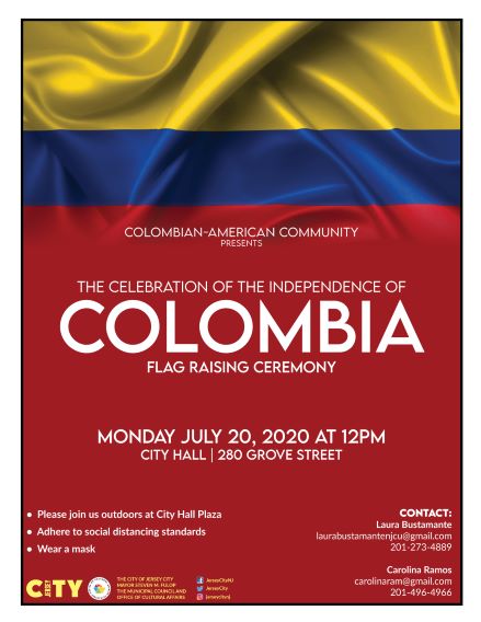 Columbian Flag depicted across top. It consists of a horizontal tricolor of yellow (double-width), blue and red with a white circle outlined in red and the coat of arms of Colombia placed in the centre