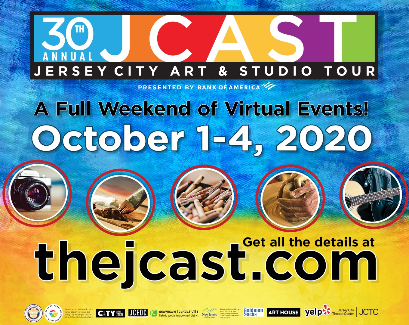 30th Annual JCAST AD JCAST goes Virtual. Wordage detailing event Blue and yellow background with artist pictures