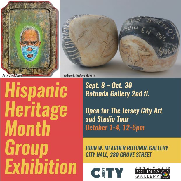 Hispanic Heritage Month Groupl exhibition Post. Man with Maks pictured, along with of rocks that have faces