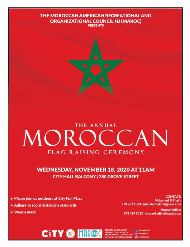 The Flyer has the Moroccan Flag as a background. The red background on the Moroccan flag represents hardiness, bravery, strength and valour, while the green represents love, joy, wisdom, peace and hope; it also represents the color of Islam and the pentagram represents the seal of Solomon. The five branches also represent the pillars of Islam