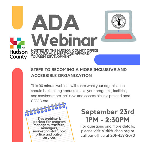 ADA Webinar Flyer. White background. Black text, Red, Blue & Yellow accents