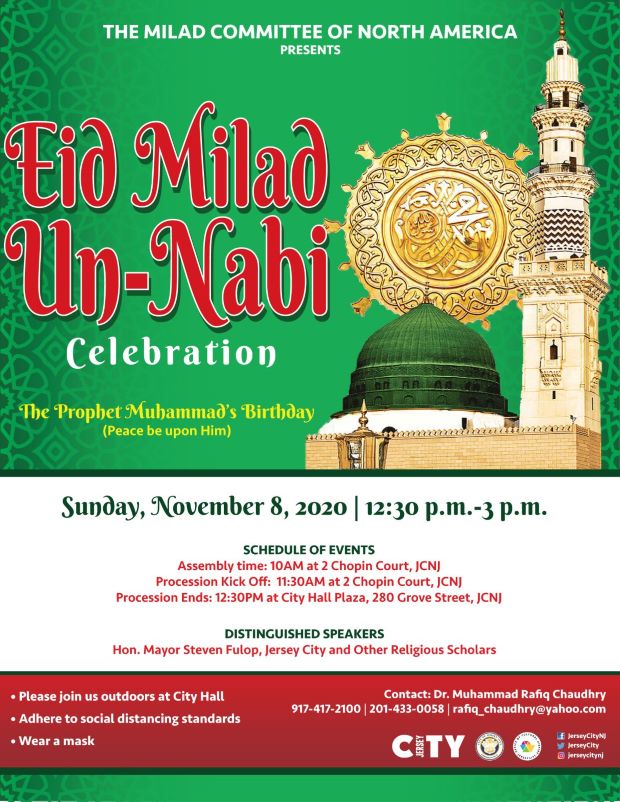 Uid Milad Un-Nabi Celebration flyer. Middle eastern place of worship oictured Along with wordage detailing celebration. Flyer is green, white, red and tan.