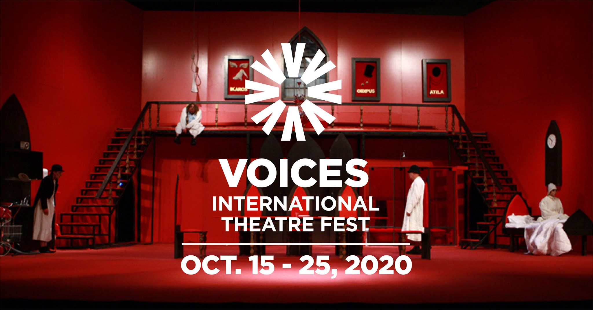 2020 VOICES International Theatre Fest Flyer Red lighted Stage with white wordage detailing event