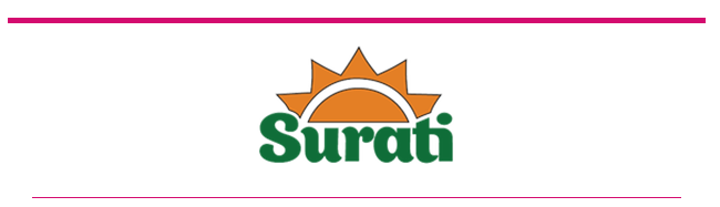 Surati Performing Art Logo White background Orange half a sun with Surati underneather in green lettering