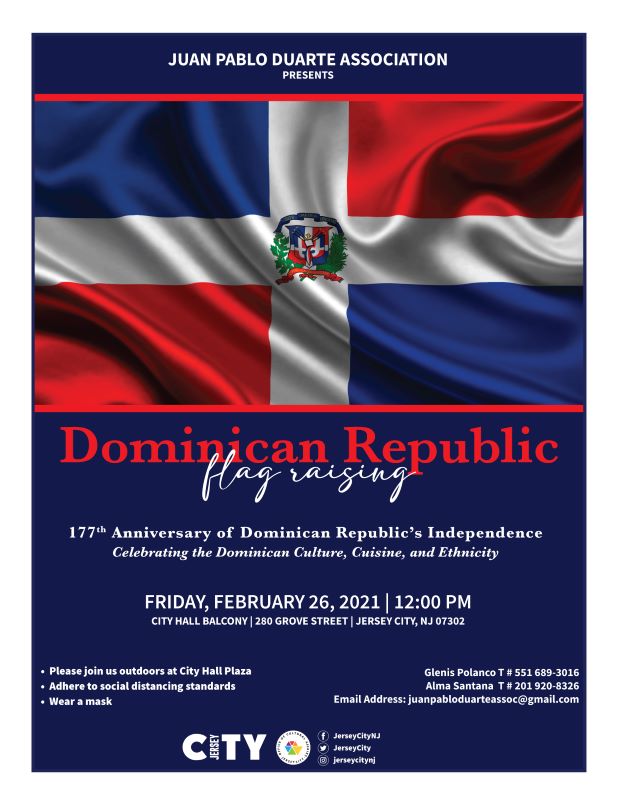 Dominican FR Flyer. Flag is pictured on upper half of flyer. Wordage detailing event is on the bottom half. Cors are red, white and blue