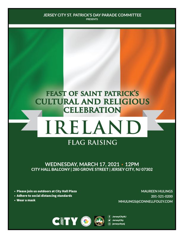 Irish Flag Raising Flyer. The flag appears on the upper portion of the flyer. he flag itself is a vertical tricolour of green (at the hoist), white and orange