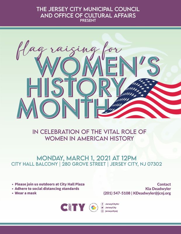 Women's History Month Flag Raising Ombre background going from Pale Green to white. Purple borders cross top & Bottom. Portion of an American flag picture. Dark green and purple wordage detailing the event. American flag accent appears