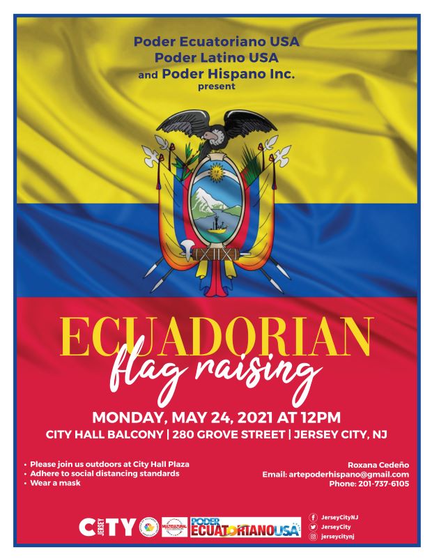 Ecuadorian Flag background horizontal stripes of gold add bright blue on the upper portion of the flyer followed entirely by red. Gold and white wordage detail event.
