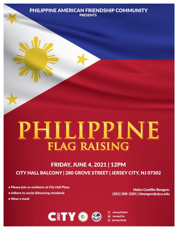 Philippine Flag Raising Flyer. The Philippine national flag creates the background. It consists of a rectangular design that consists of a white equilateral triangle in which there is gold sun surrounded by gold stars. There is also a horizontal blue stripe followed by a horizontal red stripe