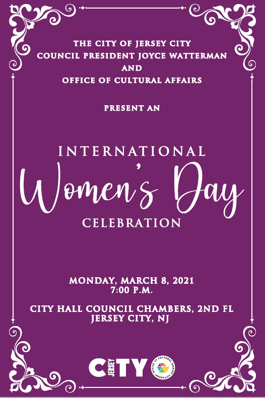 Women's Day Celebration flyer. Dark purloe bacground Floral scroll design on all corners. White wordage detailing event