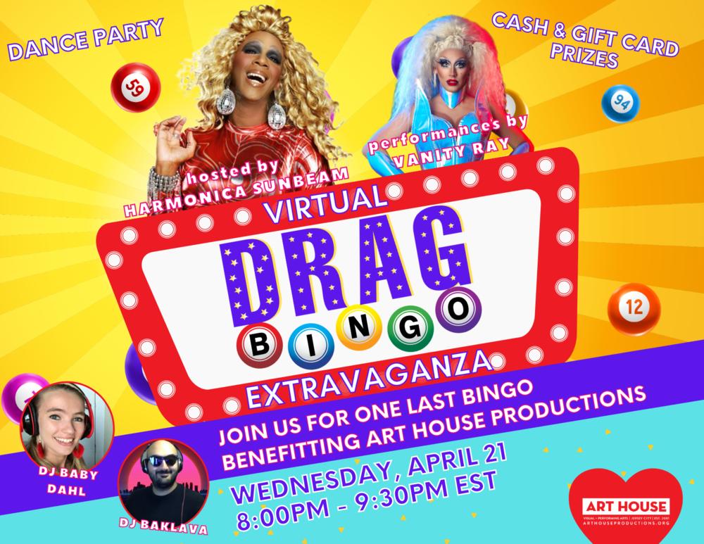 Final Drag Bing Flyer. Colorful with images of Harmonica Sunbeam and Vanity Ray in full costume.
