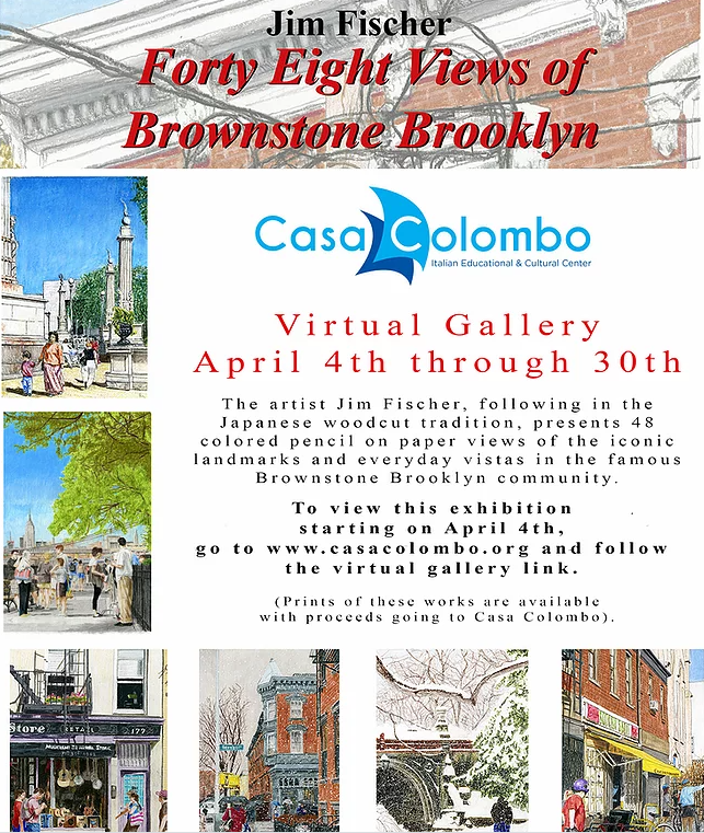 Brownstones of Brooklyn Virtual Galleryflyer. Wordage detailing the event along with6 sketches of brownstones outlining the perimeter.