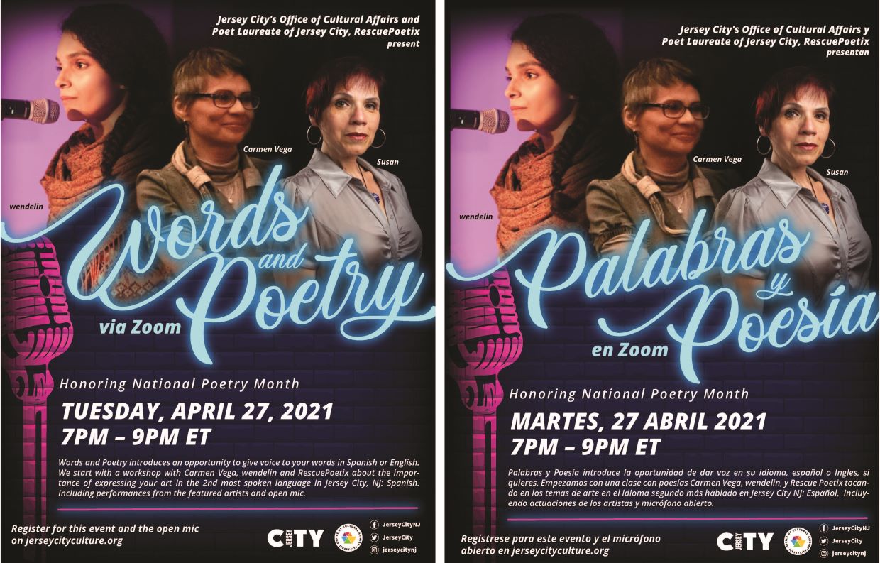 Words and Poetry Flyer. Identical flyers, side by side. Pictures of Wenedlin, Carmen Vega and Susan are featured along with wordage detailing the event.