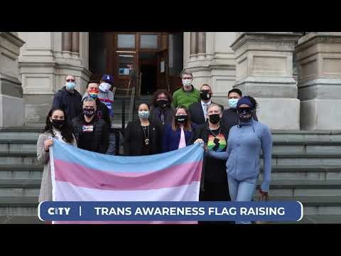 A group of people on the steps of City Hall holding the Transgender Pride Flag