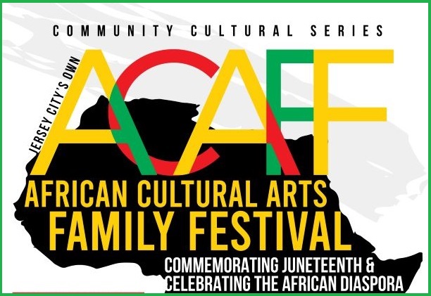 ACAFF Event flyer White background colorful accents/wordage detailing event appear over black silhouette of Africa