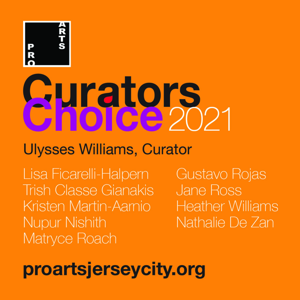 Curators Choices flyer. Organge sqaure with fuchsia and black wordage