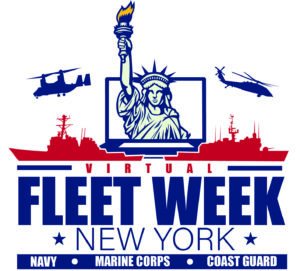 Fleet Week Logo White background Blue Outline of Statue of Liberty, blue helicopters and red ships