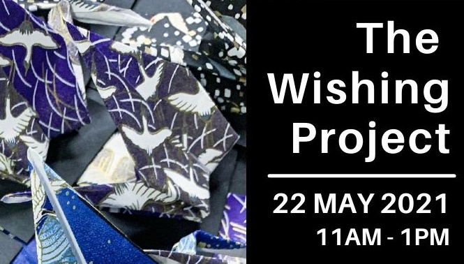 Wishing Project Flyer Color printed origami cranes pictured with white wordage detailing event in a black vertical box