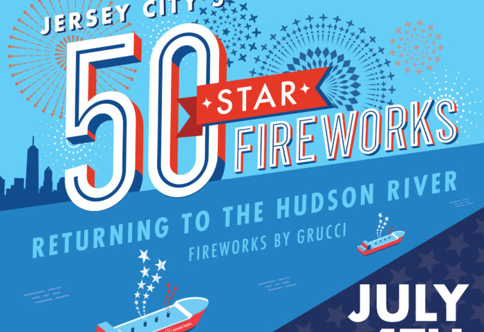 July 4th flyer New York skyline with barge floating in hudson river. Background shades of blue wordage white and red