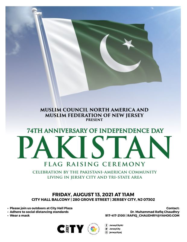 Pakistan Flag raising flyer.The flag comprises a dark green field, representing the Muslim majority of Pakistan, with a vertical white stripe in the hoist, representing religious minorities. In the centre is a white crescent moon and a white five-pointed star, which symbolize progress and light respectively. Visual of flag