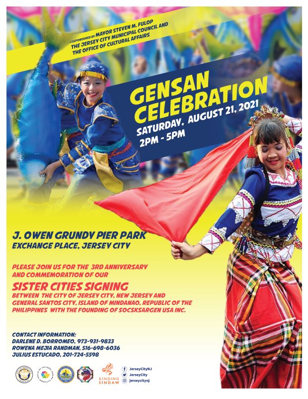 Gensan Celebration flyer. Woman in ethnic costumes doing traditional dance. Flyer is bright blue red and yellow.