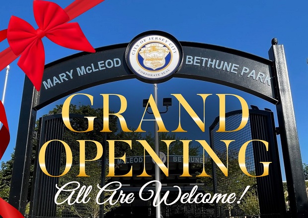 Flyer depicts the front park gate openinging. Bright blue skys, a big red bow on left with gold and white wordage detailing event down center of flyer.