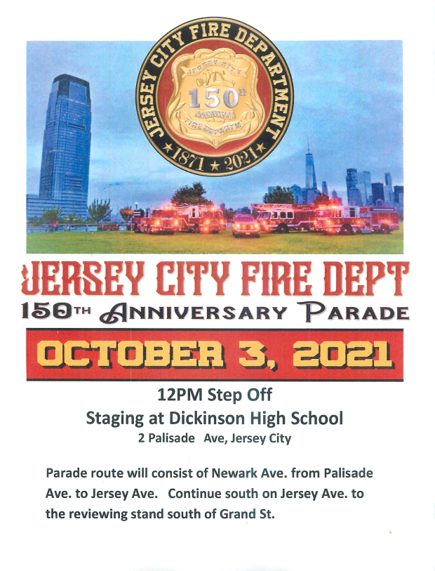 JCFD seal picture above the Jersey City skyline with fire trucks pictured