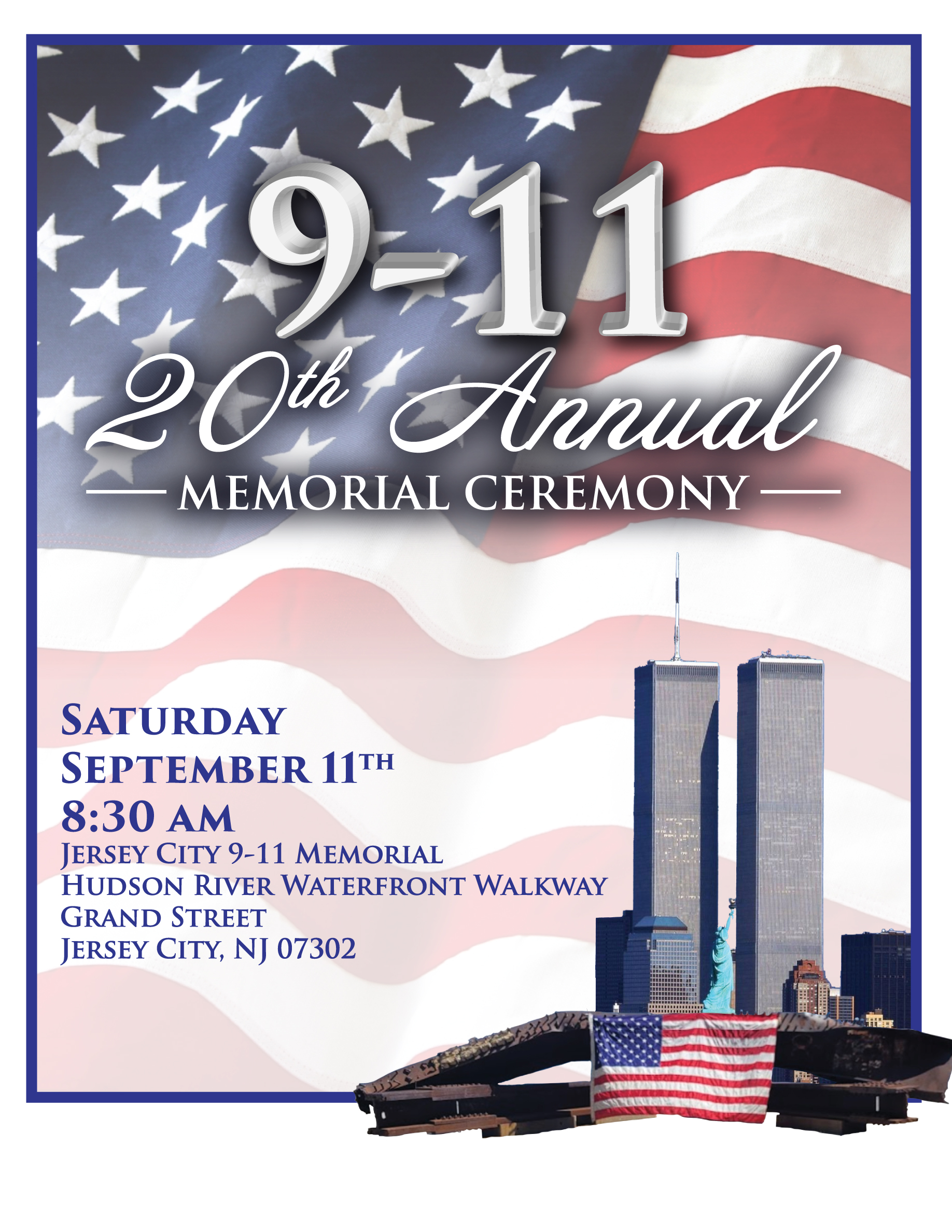 9/11 flyer American flag background with twin towers in the lower right hand corner