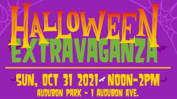 Flyer has a purple background. Halloween Extravaganza is written across top in gold and green. Wordage detailing event is below.