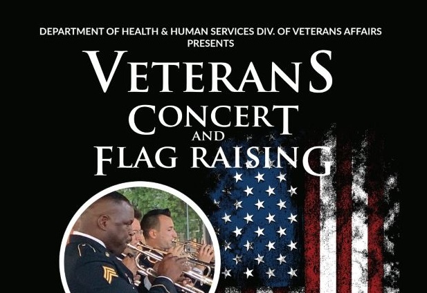 BLACK BACKGROUND WITH A WEATHERD AMERICAN FLAG HANGING VERTICALLY. mID SIZE CIRLED WITH IMAGE OF MILIARY BAND PLAYING WHITE WORDAGE DETAILING EVENT