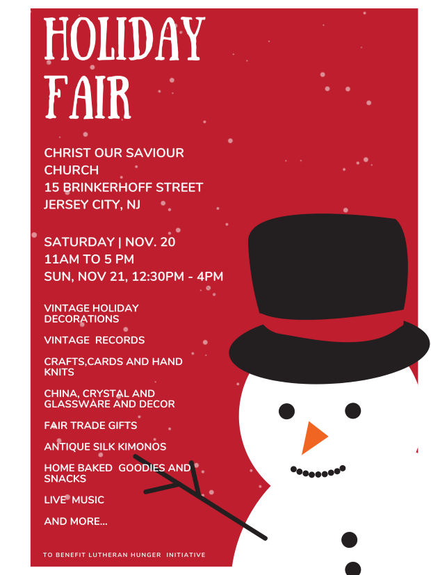 Holiday Fair Flyer Red background with oversized snowman in lower right hand corner wordage detailing event on far left side