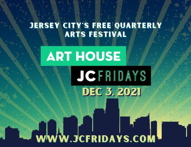 A shadow picture of the city skyline with light shinning from the city scape. The Art House art festival information centered on flyer. 