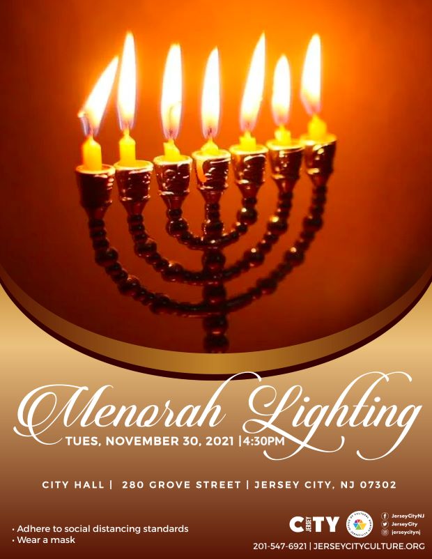 A picture of a Menorah all lit up with the words and details of the event below the menorah.