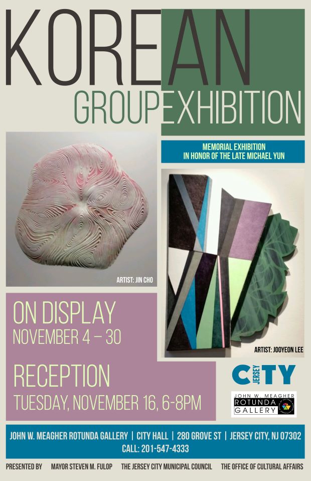 Korean Art Exhibit flyer 2 pic of artwork shades of green pink and teal