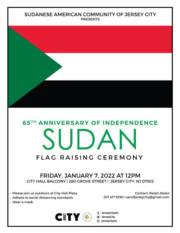 The flyer is of the National Flag of Sudan which features three equal horizontal bands of red (top), white, and black with a green isosceles triangle based on the left side. The information is listed above the flag and then below the flag.
