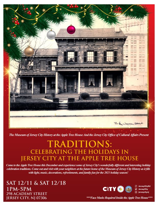 A picture of The Apple Tree House at the top of the flyer. The flyer has a brick red background with Christmas tree branches at the top decorated. The both is the wordage with the details regarding the events. 