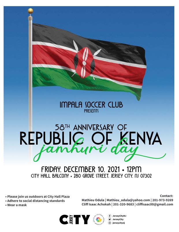 The flyer is a sky blue on the top and fades into white at the bottom. The Kenya flag, which is horizontal stripes first black, then red, then green. There are white stripes between the three colors. At the bottom is the information regarding the event. 
