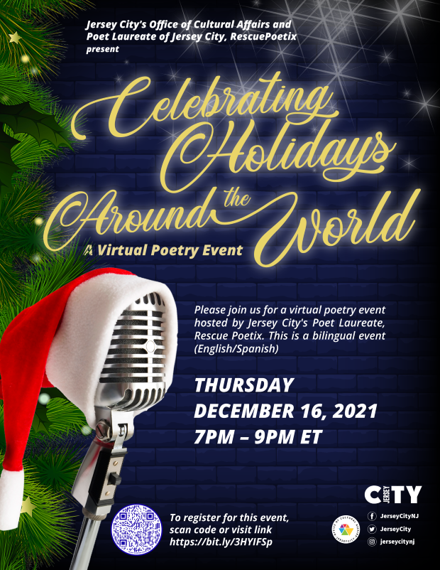 Navy Blue background with part of a Christmas tree as the border on the left side along with a old fashioned microphone with a santa hat on it. At the top announces the event with the details following down the right side of the page. 