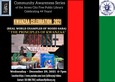 The flyer is the information on the left side about the event with a picture of all key principles of Kwanzaa. The right side are vertical red, black and green colors of the African flag.
