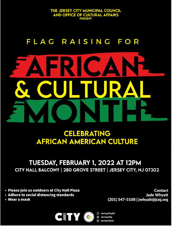 Black background flyer with the information written in yellow, red and green centered with all the information for the flag raising. 