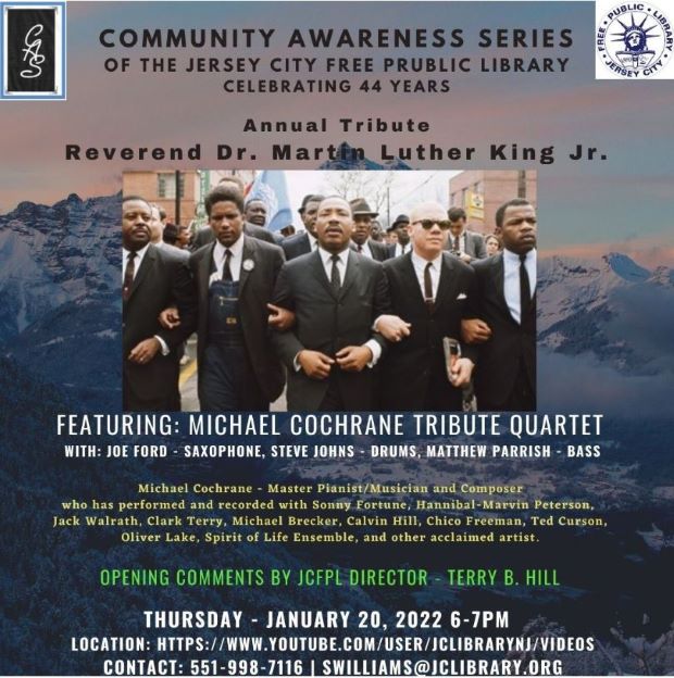The flyer has a mountain range background. The top of the flyer centered is the information for the event. The center of the page is MLK Jr. with other members walking arm in arm. Under the picture is all the information for who will be performing and where and when.