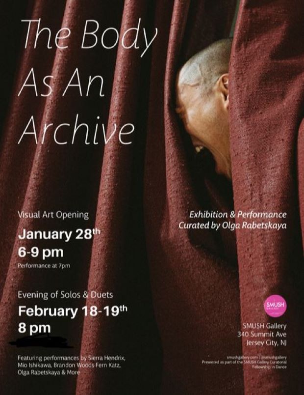 The flyer looks like a maroon stage curtain. On the left side is the information of the exhibit. The top right side is a profile of a man yelling.