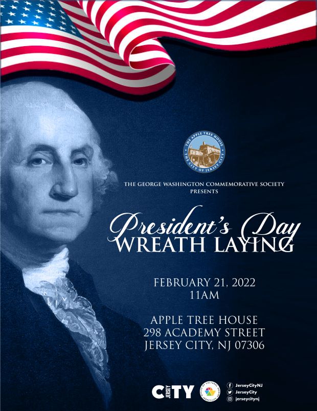 The flyer has the American Flag blowing in the wind along the top of the page. George Washington is along the left side of the flyer. The right side is the information about the ceremony at the Apple Tree House.