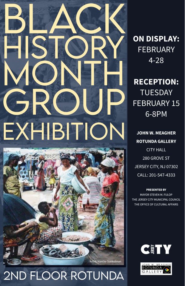 The flyer has the exhibit name on the top left of the page and underneath this information is a picture of black women and children in a market in a village. The right side of the page is the exhibit details.