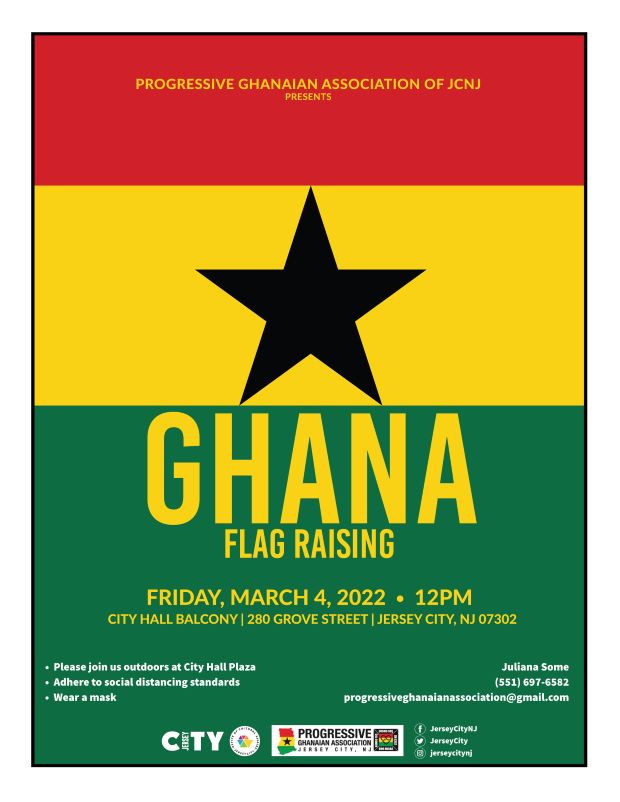 The flyer is the Ghana flag. Red then yellow with a black star in the middle and then green with the information for the flag raising.