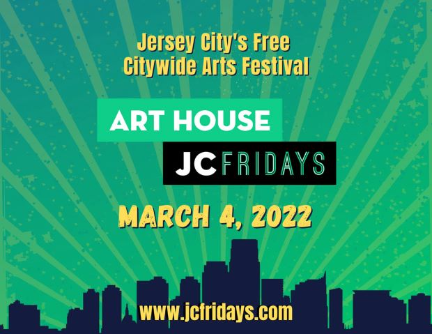 A shadow picture of the city skyline with light shinning from the city scape. The Art House art festival information centered on flyer.