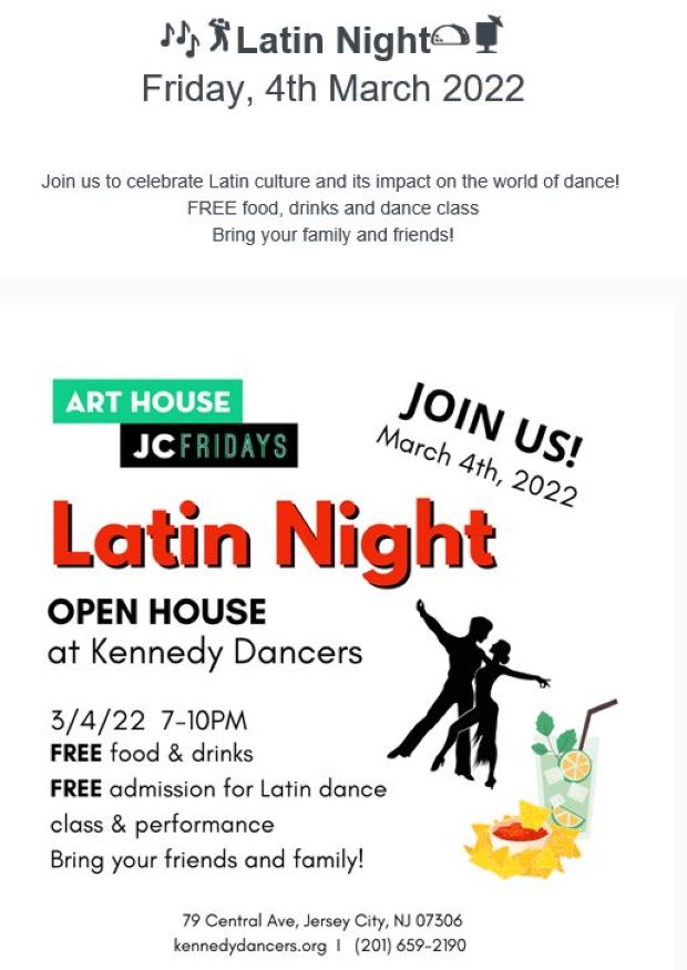 A white background flyer with the information listed for the Latin night. The bottom right corner had 2 people dancing and a drink w snacks by it.